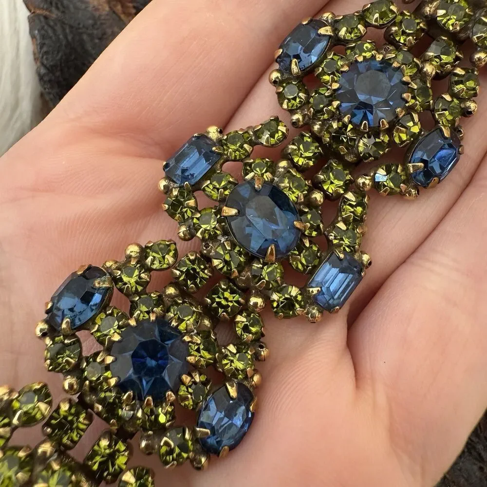 Vintage Kramer of NY Wide Runway Bracelet Green Blue Rhinestone Cluster Gorgeous